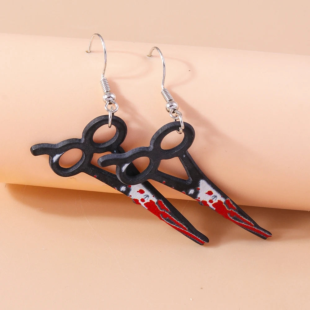 Aihua Resin Halloween Imitation Bloody Knife Earrings Dagger Scissors Axe Saw Earrings for Halloween Night Party Jewelry Gifts