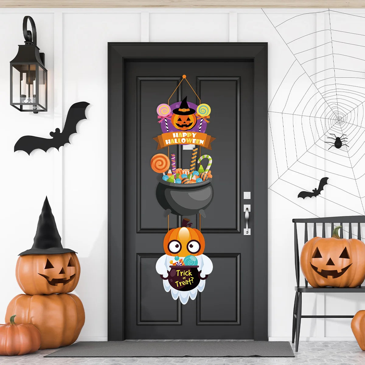 Halloween Pumpkin Door Hanging Sign Pendants Ghost Faced Bat Paper Front Door Hanger Halloween Party Decorations for Home 2023