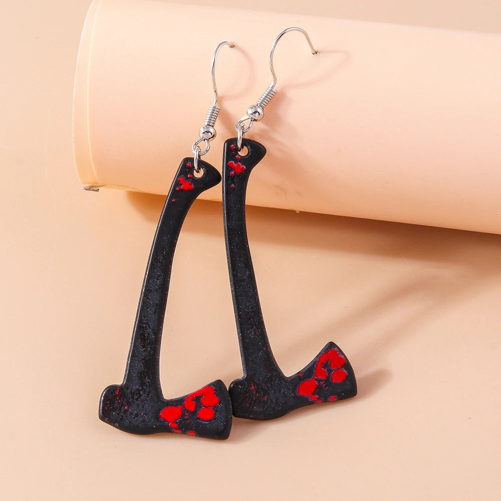 Aihua Resin Halloween Imitation Bloody Knife Earrings Dagger Scissors Axe Saw Earrings for Halloween Night Party Jewelry Gifts