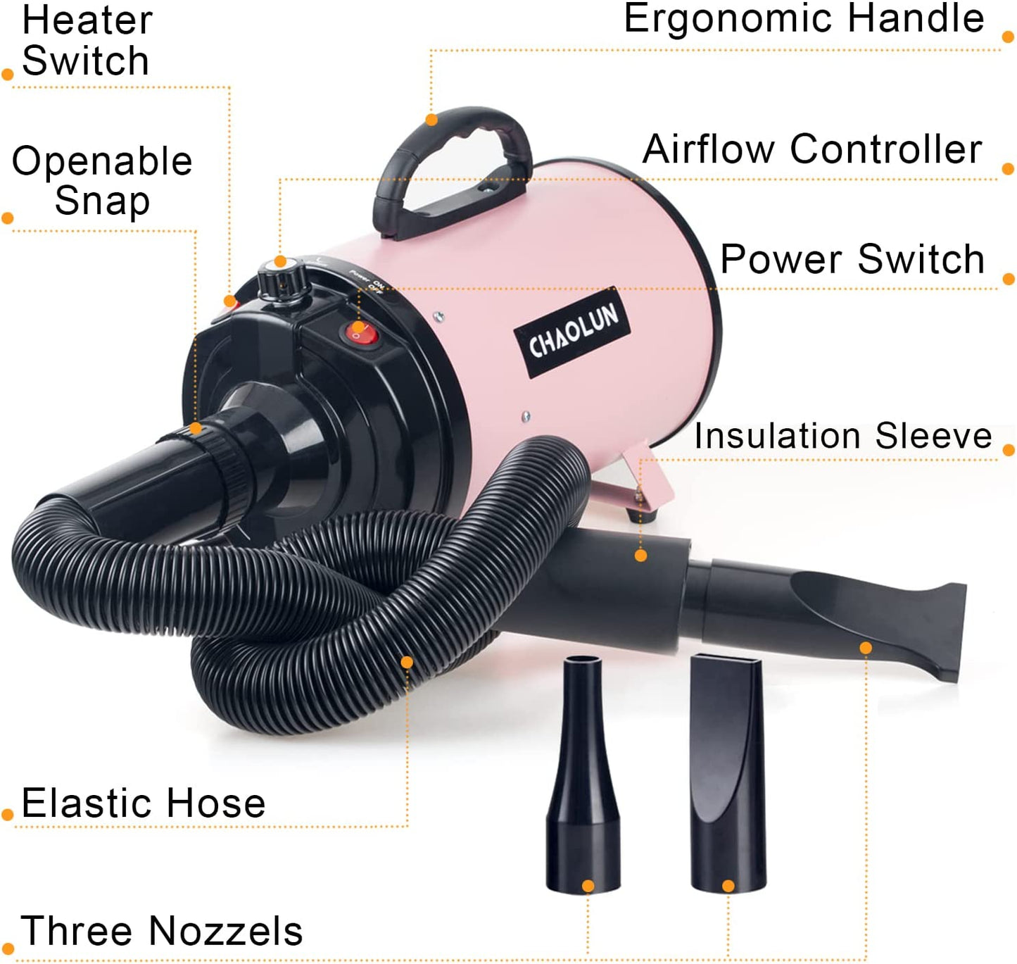 Dog Dryer, Dog Blow Dryer, High Velocity Professional Pet Grooming Dryer, Dog Hair Dryer with Heater, Adjustable Speed, 3 Different Nozzles and a Comb, Pink