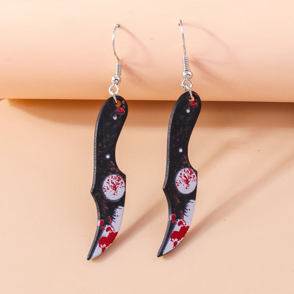 Aihua Resin Halloween Imitation Bloody Knife Earrings Dagger Scissors Axe Saw Earrings for Halloween Night Party Jewelry Gifts