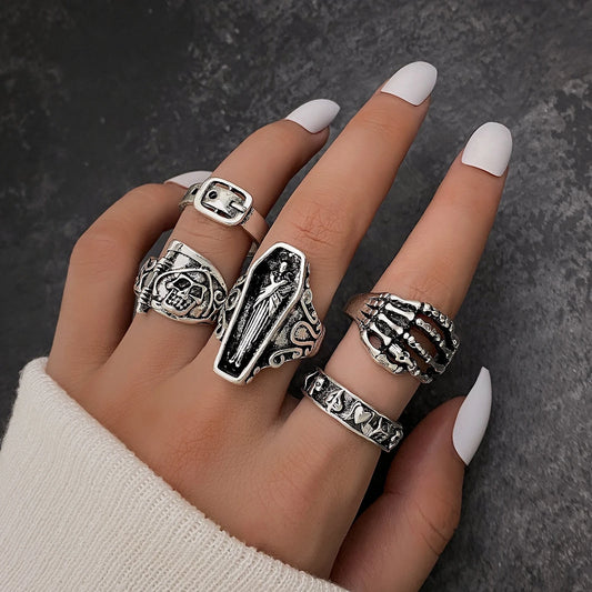 Gothic Silver Color Rings Set for Women Men Vintage Halloween Cross Skeleton Snake Playing Cards Fashion Jewelry Gifts