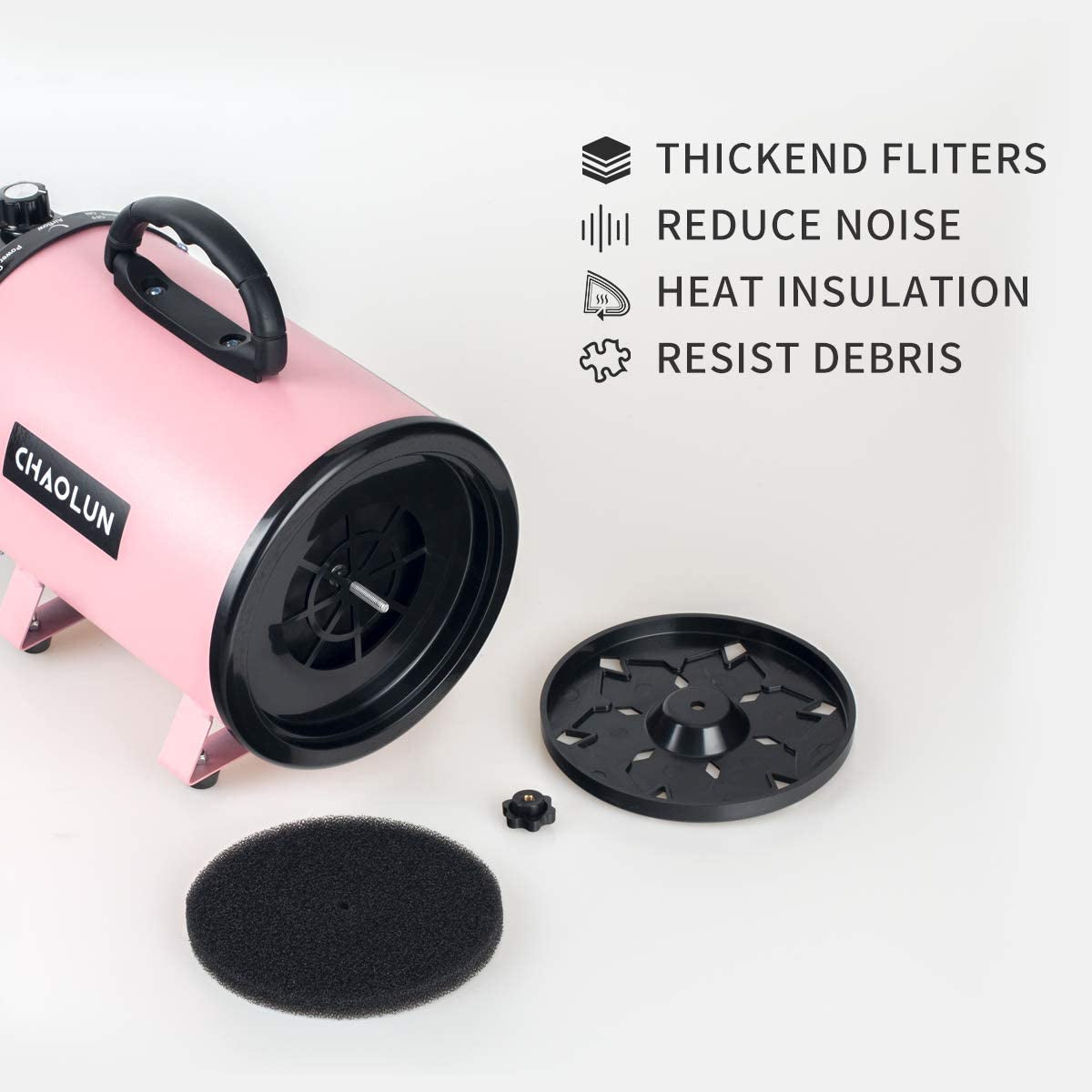 Dog Dryer, Dog Blow Dryer, High Velocity Professional Pet Grooming Dryer, Dog Hair Dryer with Heater, Adjustable Speed, 3 Different Nozzles and a Comb, Pink
