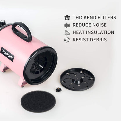 Dog Dryer, Dog Blow Dryer, High Velocity Professional Pet Grooming Dryer, Dog Hair Dryer with Heater, Adjustable Speed, 3 Different Nozzles and a Comb, Pink