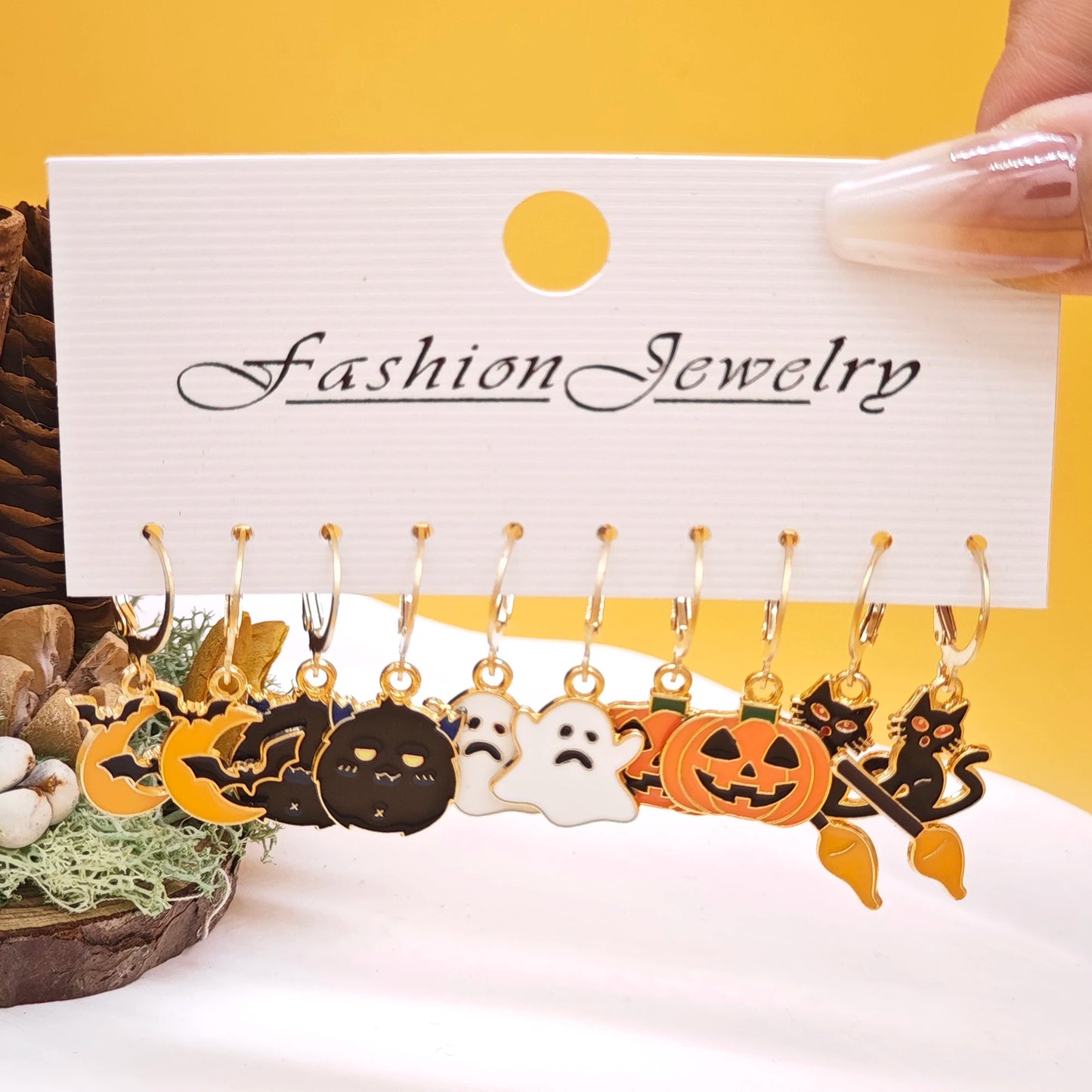 10Pcs Halloween Art Series Earrings with Horror Alloy Oil Drop Pumpkin Bat Spider Web Ghost Earrings Set for Women