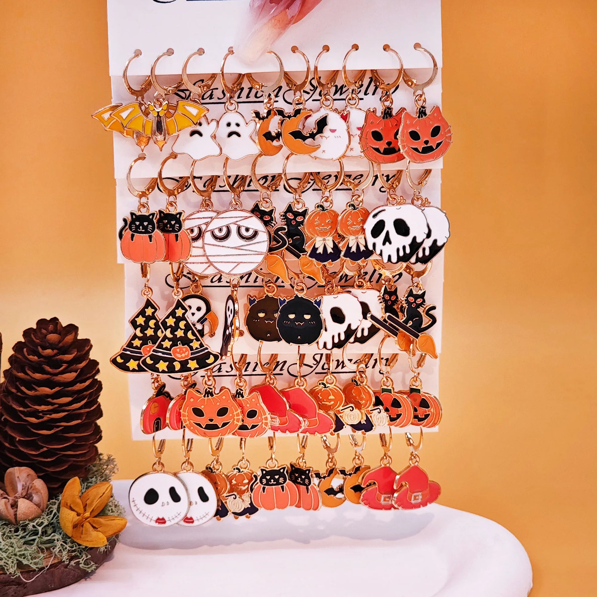 10Pcs Halloween Art Series Earrings with Horror Alloy Oil Drop Pumpkin Bat Spider Web Ghost Earrings Set for Women