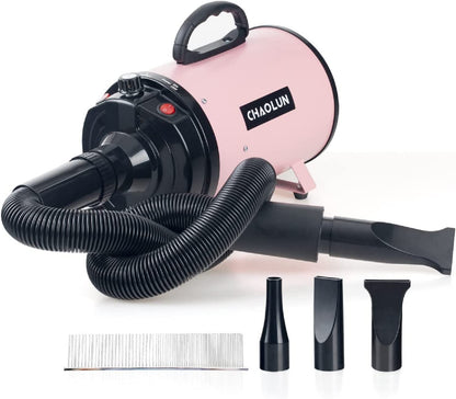Dog Dryer, Dog Blow Dryer, High Velocity Professional Pet Grooming Dryer, Dog Hair Dryer with Heater, Adjustable Speed, 3 Different Nozzles and a Comb, Pink