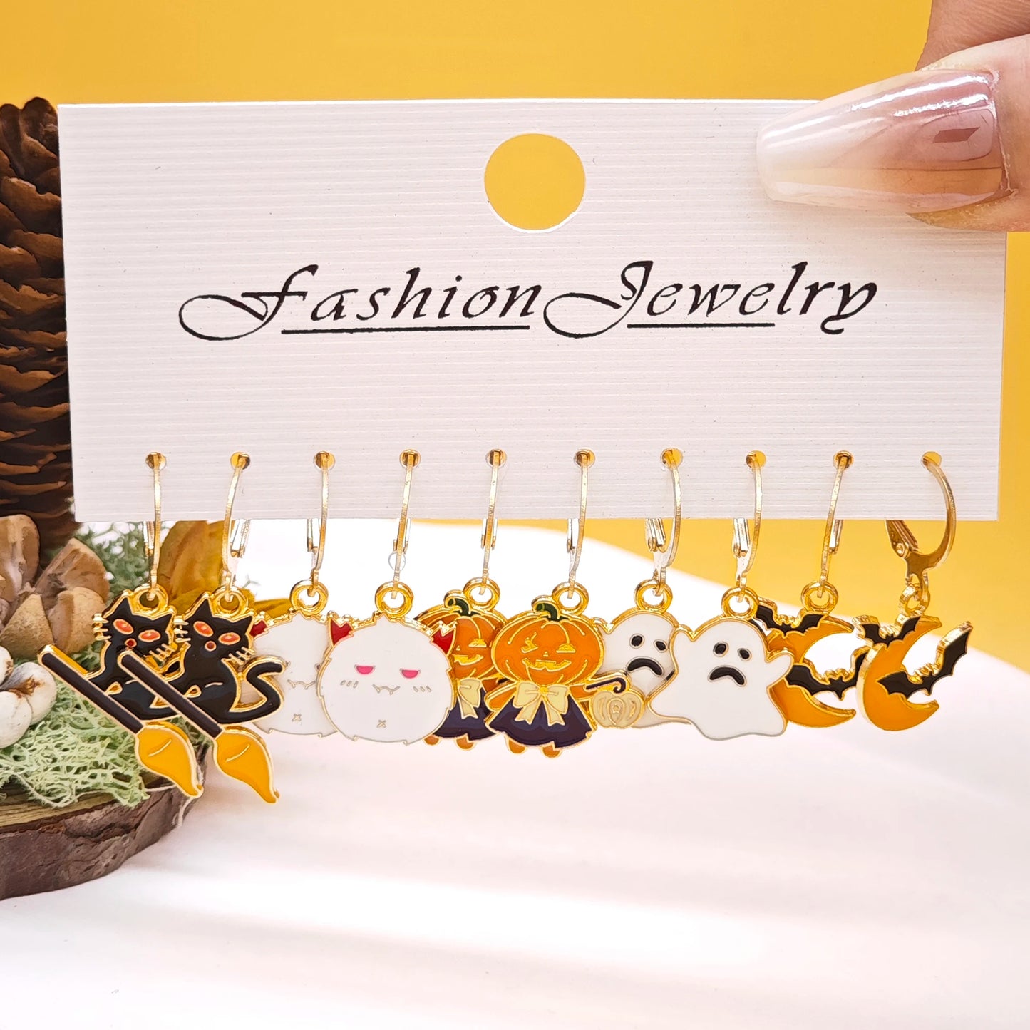 10Pcs Halloween Art Series Earrings with Horror Alloy Oil Drop Pumpkin Bat Spider Web Ghost Earrings Set for Women