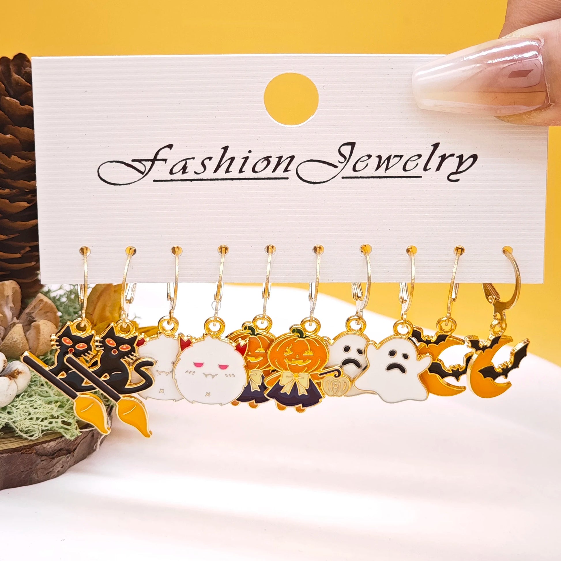 10Pcs Halloween Art Series Earrings with Horror Alloy Oil Drop Pumpkin Bat Spider Web Ghost Earrings Set for Women