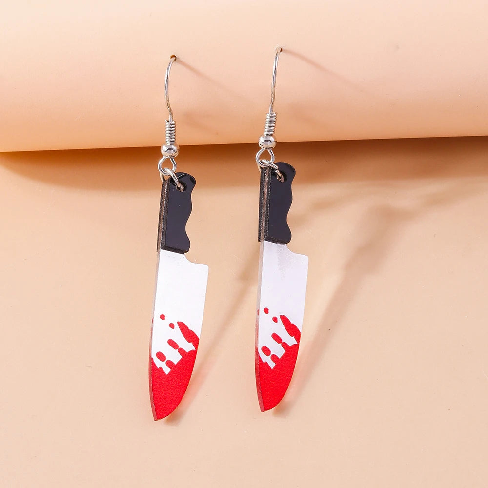 Aihua Resin Halloween Imitation Bloody Knife Earrings Dagger Scissors Axe Saw Earrings for Halloween Night Party Jewelry Gifts
