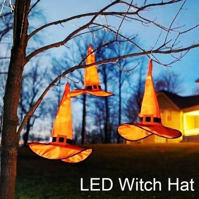 Halloween Decoration Outdoor Hanging Lighted Glowing Witch Hat Lights String Battery Outdoor Yard Tree Decorations