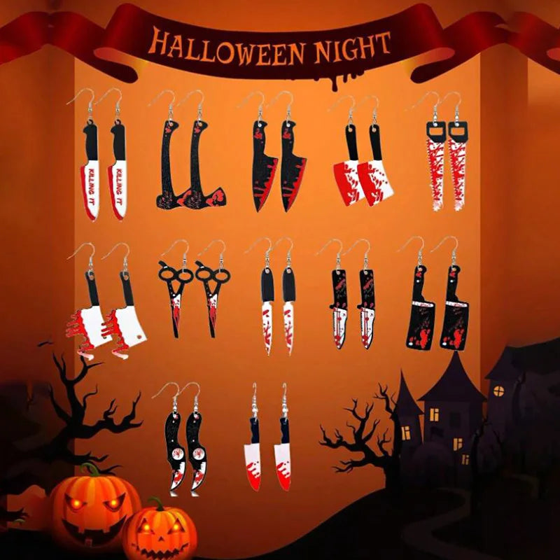 Aihua Resin Halloween Imitation Bloody Knife Earrings Dagger Scissors Axe Saw Earrings for Halloween Night Party Jewelry Gifts