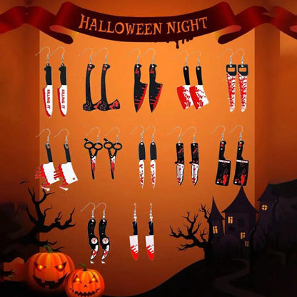 Aihua Resin Halloween Imitation Bloody Knife Earrings Dagger Scissors Axe Saw Earrings for Halloween Night Party Jewelry Gifts