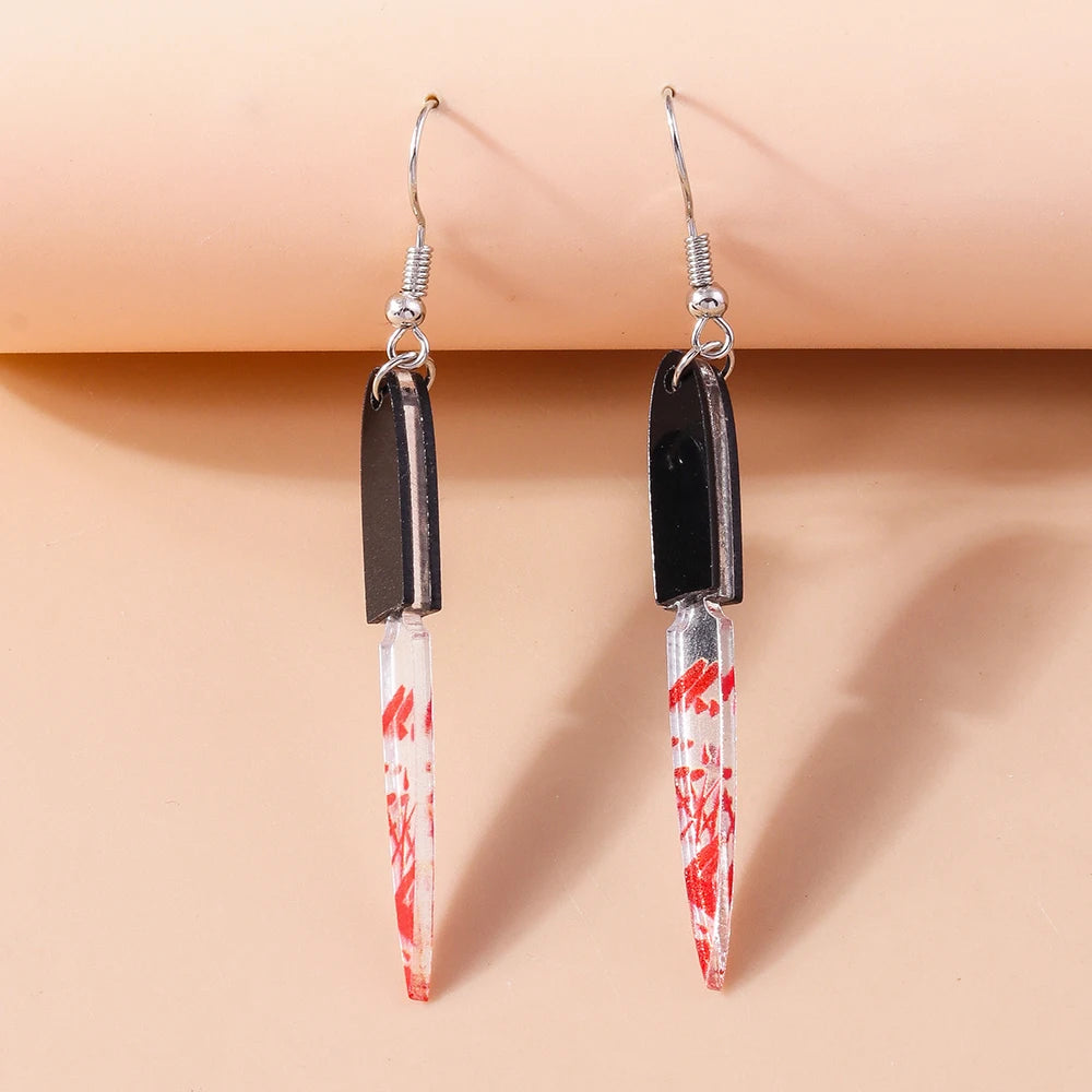 Aihua Resin Halloween Imitation Bloody Knife Earrings Dagger Scissors Axe Saw Earrings for Halloween Night Party Jewelry Gifts