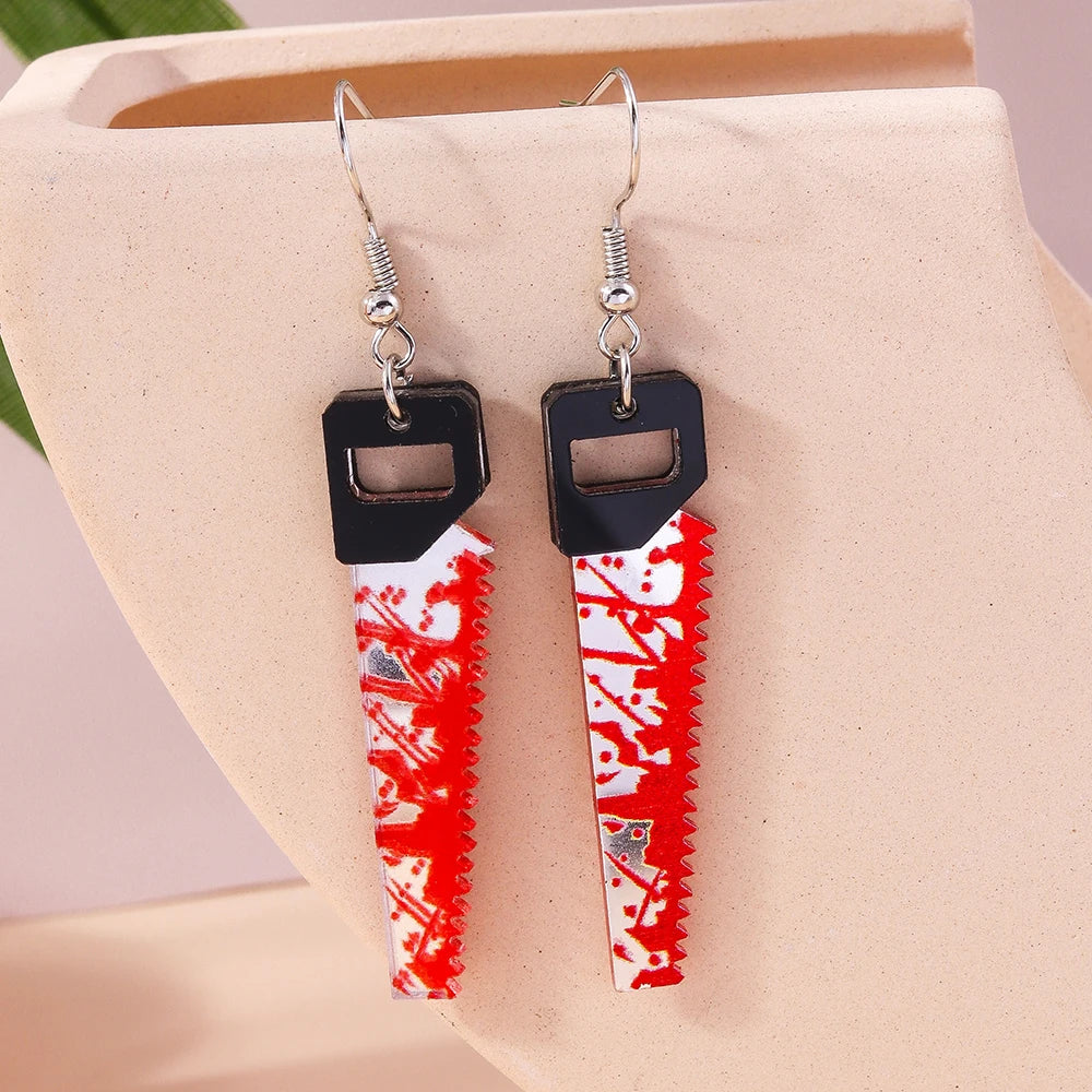 Aihua Resin Halloween Imitation Bloody Knife Earrings Dagger Scissors Axe Saw Earrings for Halloween Night Party Jewelry Gifts