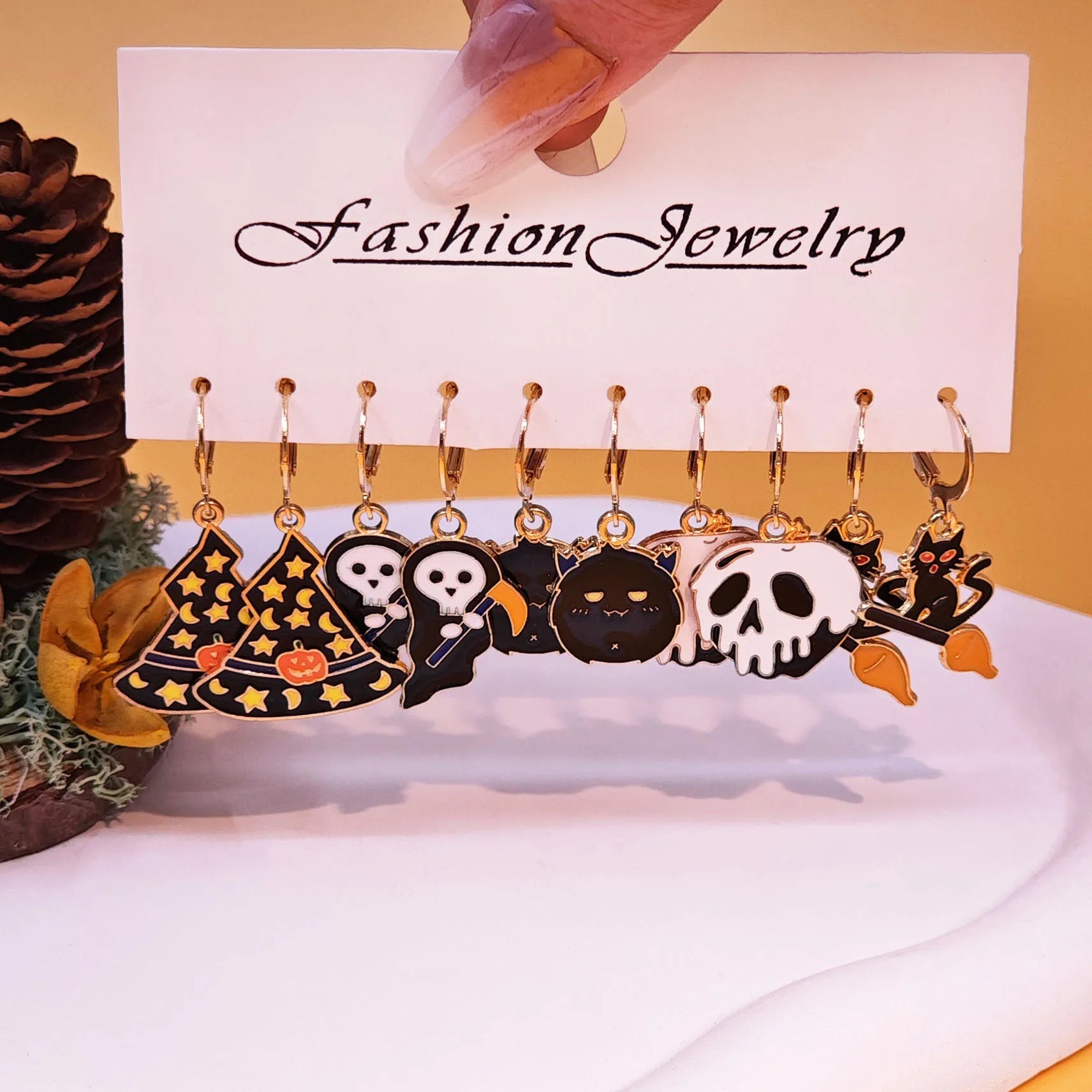 10Pcs Halloween Art Series Earrings with Horror Alloy Oil Drop Pumpkin Bat Spider Web Ghost Earrings Set for Women