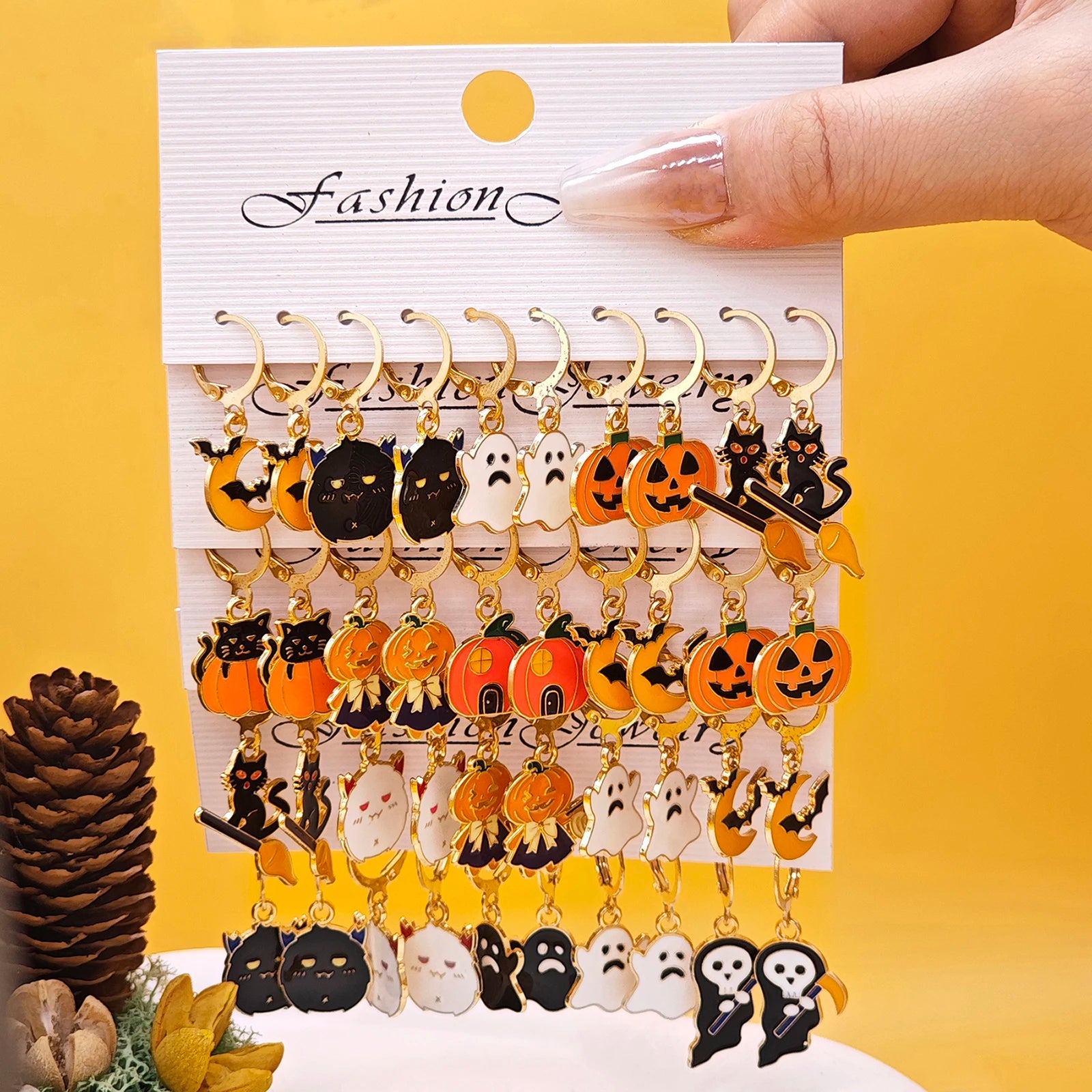 10Pcs Halloween Art Series Earrings with Horror Alloy Oil Drop Pumpkin Bat Spider Web Ghost Earrings Set for Women