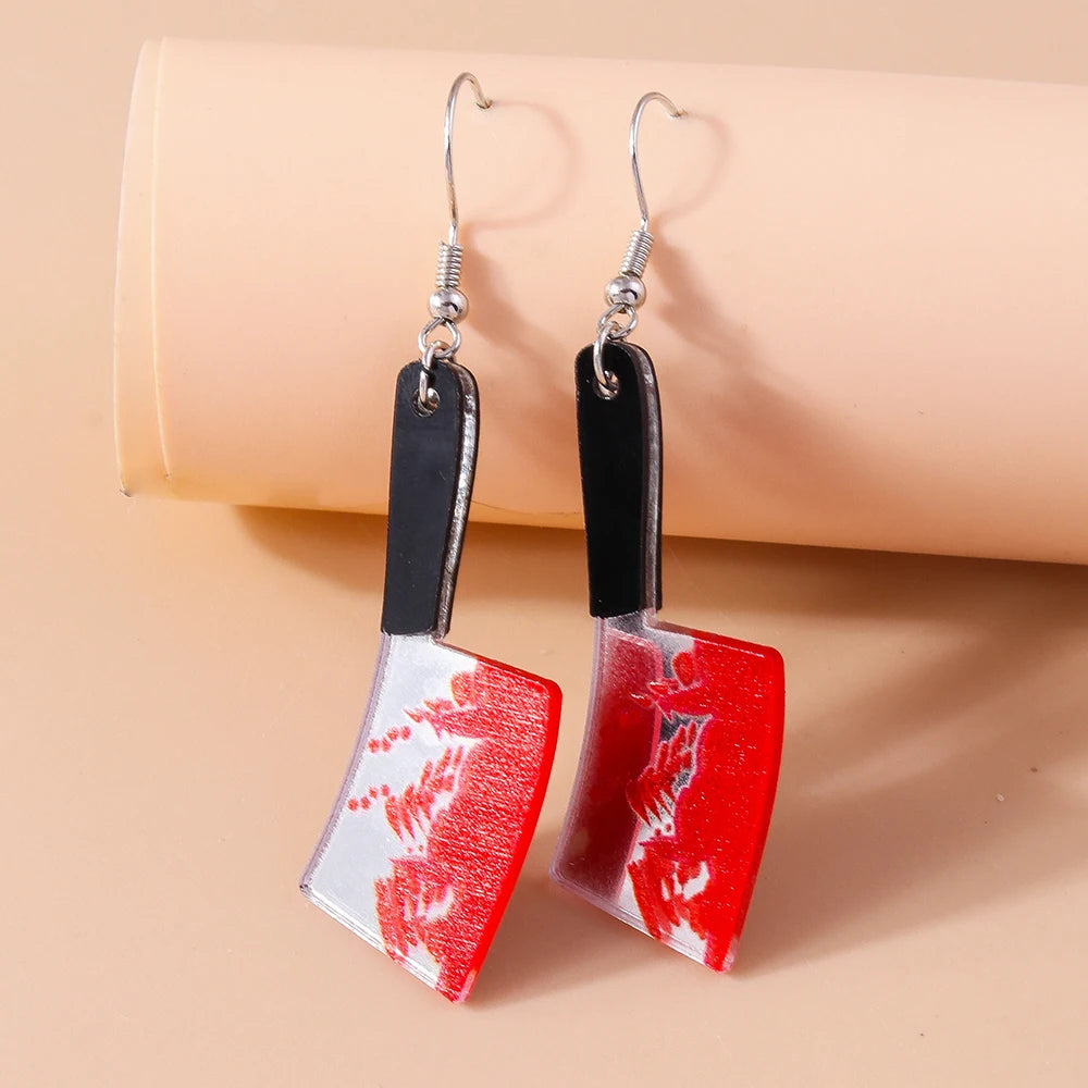 Aihua Resin Halloween Imitation Bloody Knife Earrings Dagger Scissors Axe Saw Earrings for Halloween Night Party Jewelry Gifts