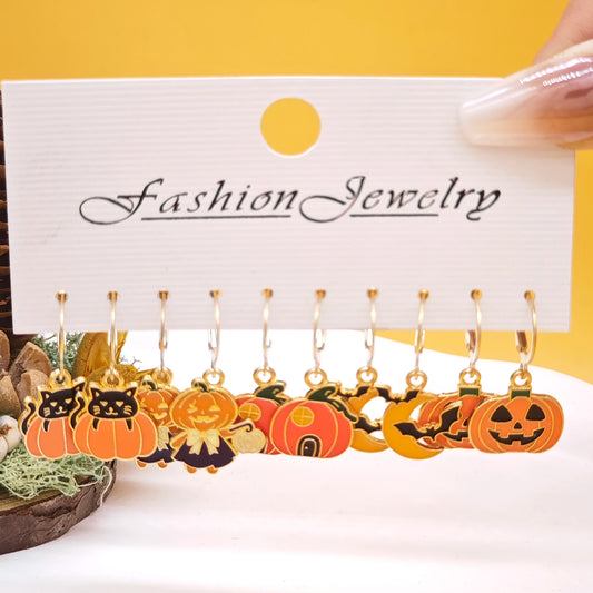 10Pcs Halloween Art Series Earrings with Horror Alloy Oil Drop Pumpkin Bat Spider Web Ghost Earrings Set for Women
