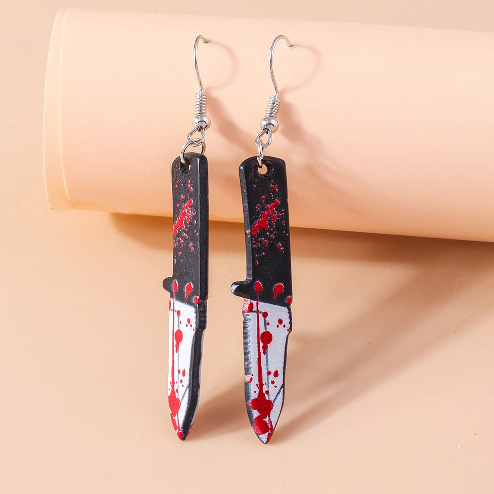 Aihua Resin Halloween Imitation Bloody Knife Earrings Dagger Scissors Axe Saw Earrings for Halloween Night Party Jewelry Gifts