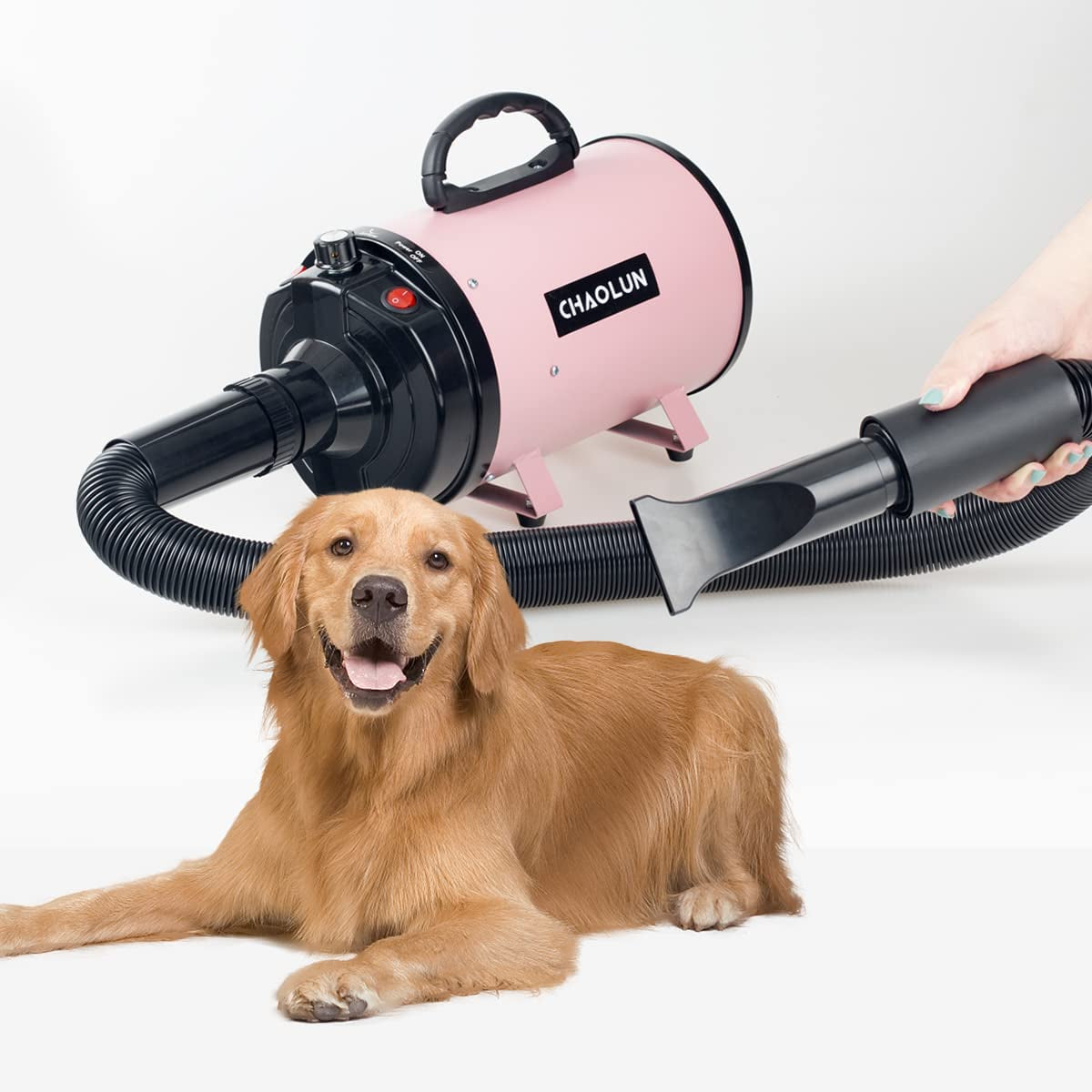 Dog Dryer, Dog Blow Dryer, High Velocity Professional Pet Grooming Dryer, Dog Hair Dryer with Heater, Adjustable Speed, 3 Different Nozzles and a Comb, Pink