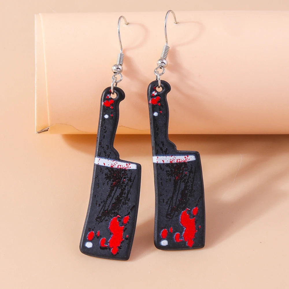 Aihua Resin Halloween Imitation Bloody Knife Earrings Dagger Scissors Axe Saw Earrings for Halloween Night Party Jewelry Gifts