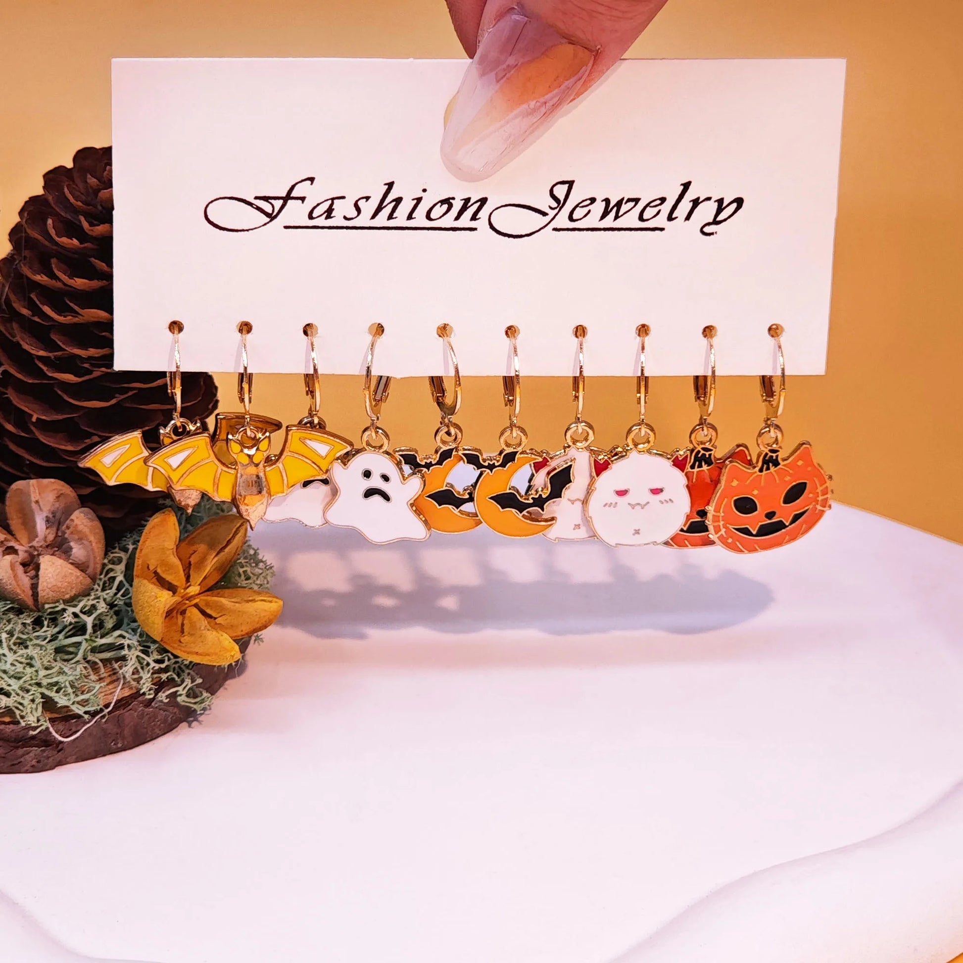 10Pcs Halloween Art Series Earrings with Horror Alloy Oil Drop Pumpkin Bat Spider Web Ghost Earrings Set for Women